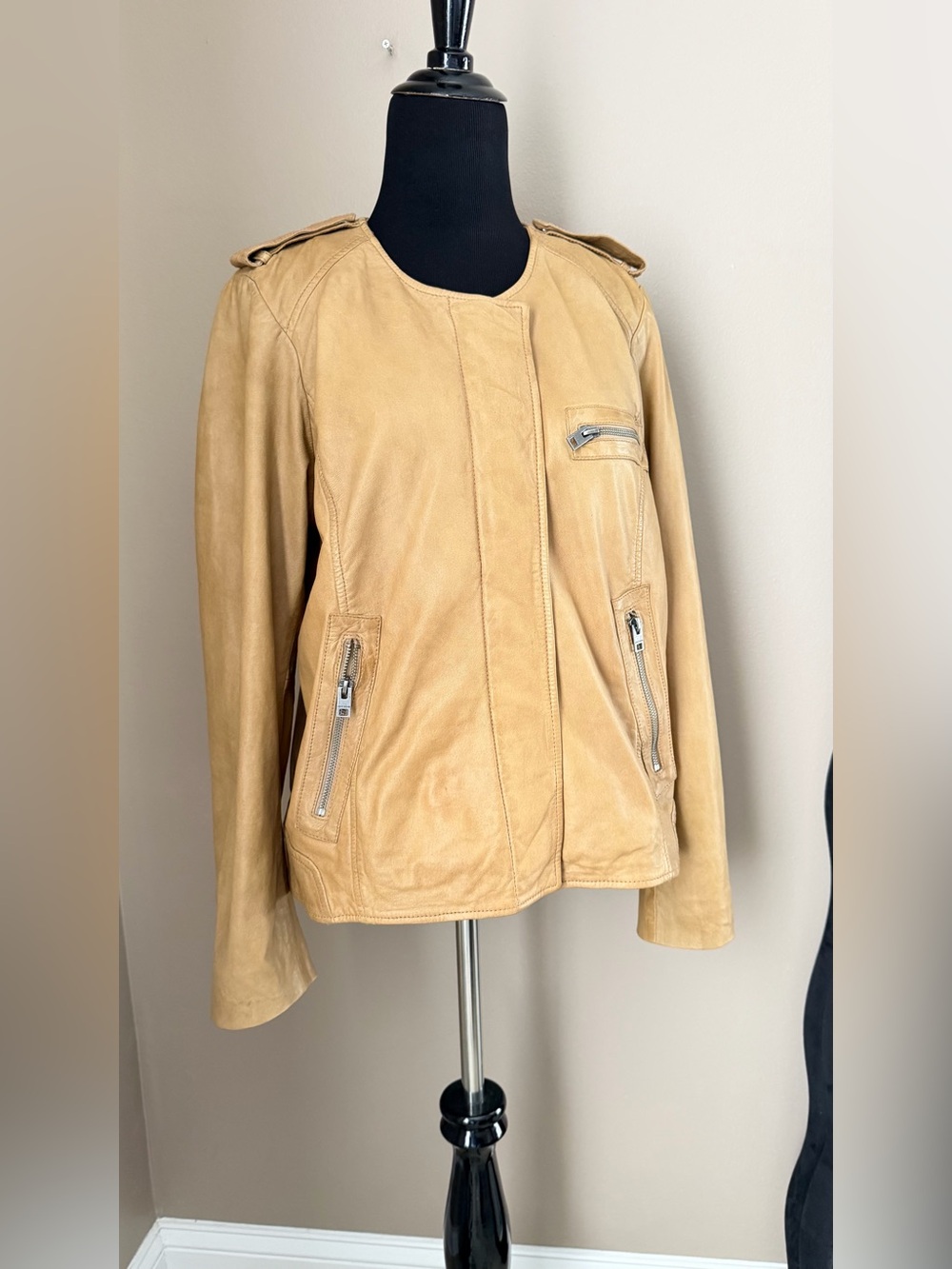 Lucky Brand Women's Tan Beige Genuine Leather Moto Jacket Size XL (Fits Like L)